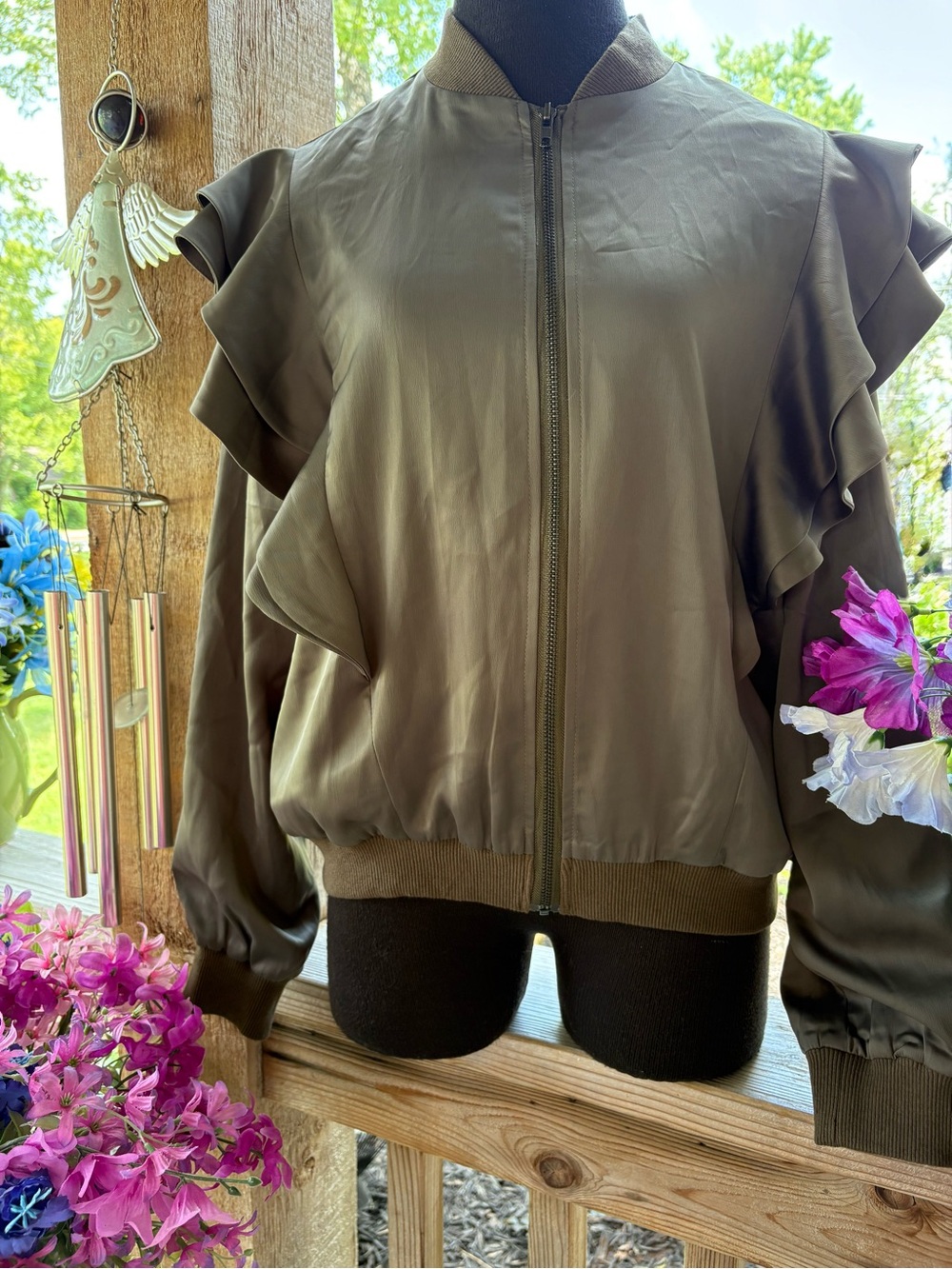 Everly Sage Green Satin Shoulder Ruffle Detail Full Zip Pockets Bomber Jacket